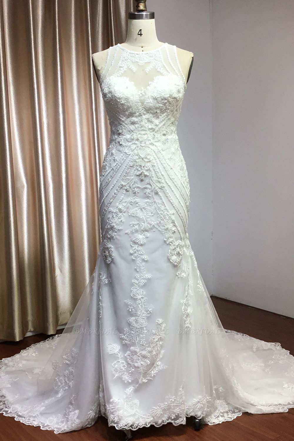 BMbridal Elegantes Meerjungfrauen-Spitzen-Hochzeitskleid mit Reißverschluss am Rücken