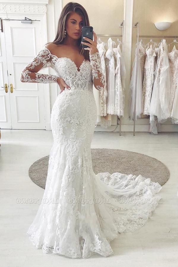 Bmbridal Long Sleeves Lace Wedding Dress Mermaid V-Neck Bridal Gowns
