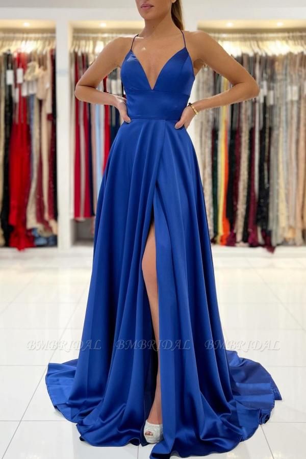Bmbridal Royal Blue V-Neck Prom Dress Split Long With Spaghetti-Straps