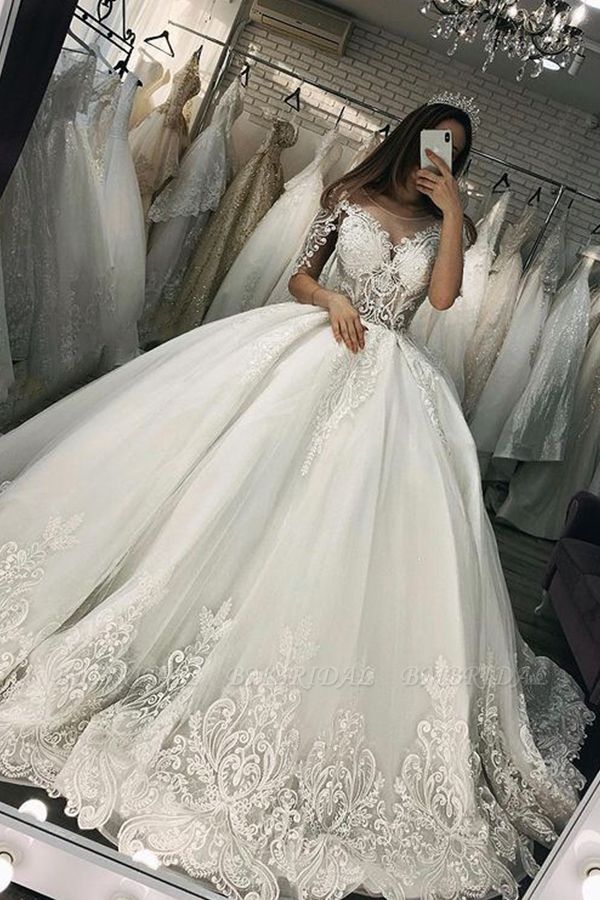 BMbridal 3/4 Sleeves Ball Gown Wedding Dress Lace Appliques With Beads