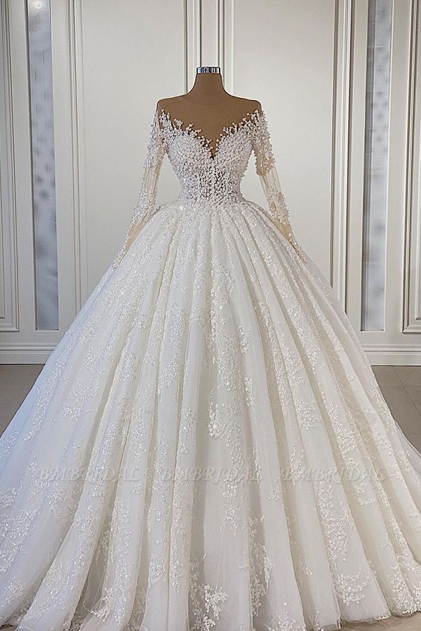BMbridal Ball Gown Long Sleeves Wedding Dress With Lace Appliques