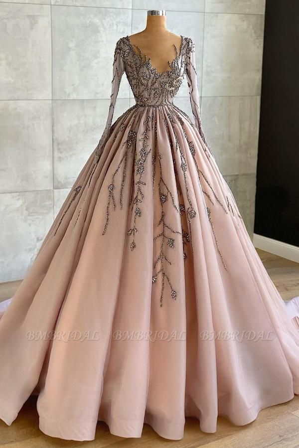 Bmbridal Long Sleeves Beadings Prom Dress Ball Gown Evening Party Gowns