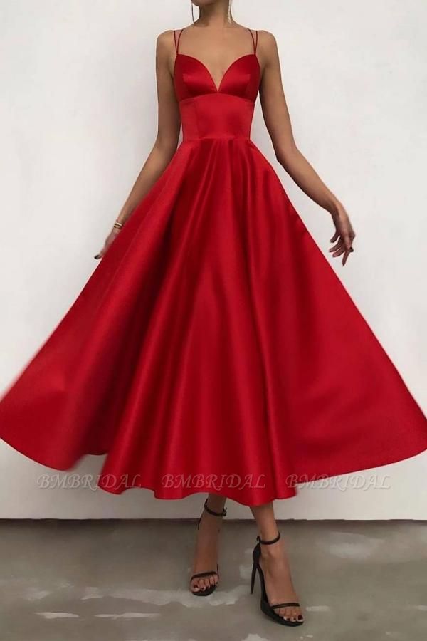 Bmbridal Red Spaghetti-Straps Prom Dress Sleevless Evening Party Gowns