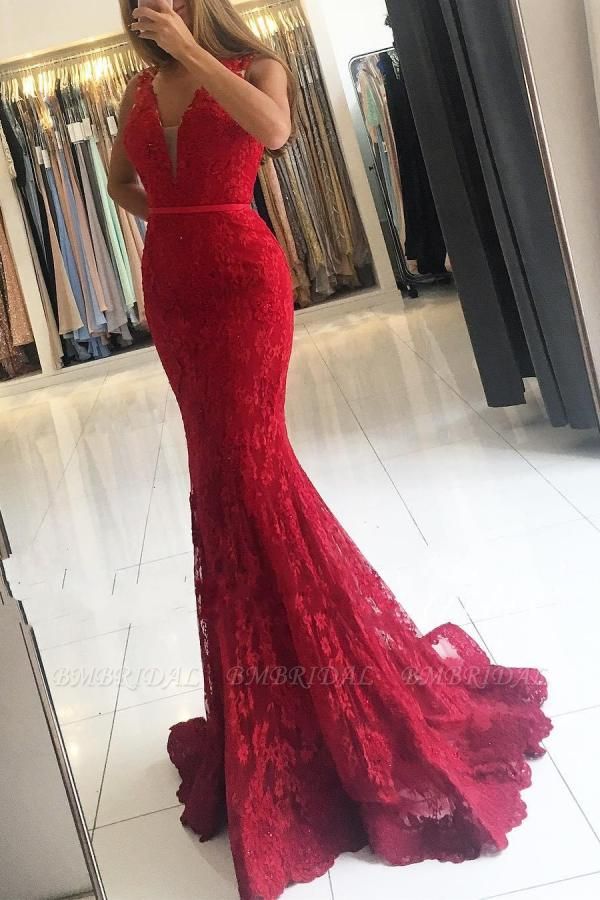Bmbridal Red Lace Appliques Prom Dress Mermaid Sleeveless
