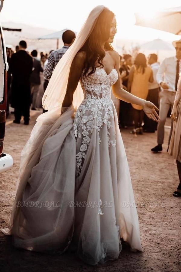 Bmbridal Sweetheart Long Wedding Dress With Lace Appliques