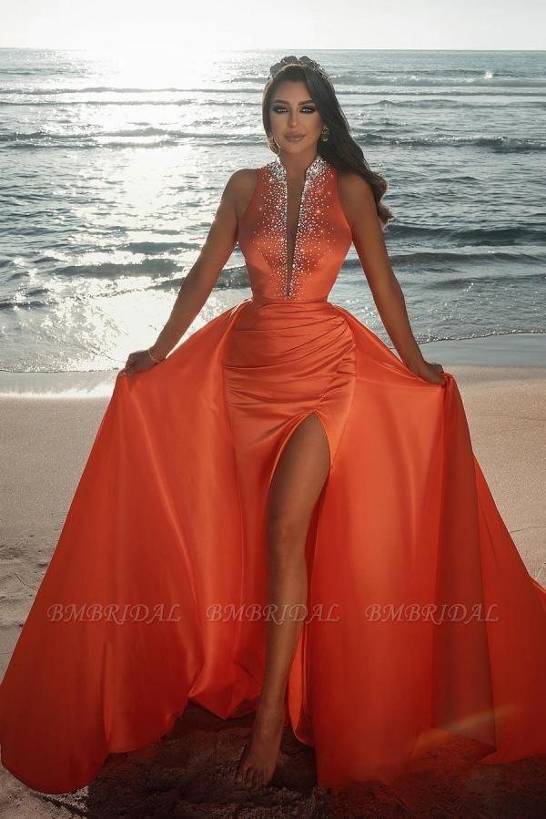 Bmbridal Orange Halter Mermaid Prom Dress Slit Overskirt With Beads