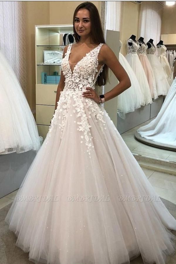 Bmbridal V-Neck Sleeveless Tulle Wedding Dress With Appliques