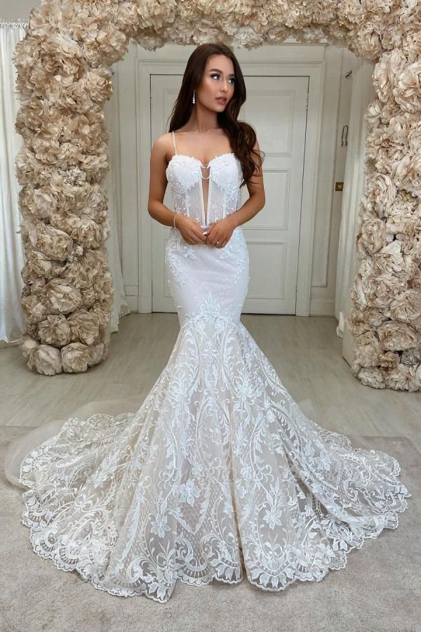 BMbridal Spaghetti-Straps Lace Wedding Dress Mermaid Sleeveless