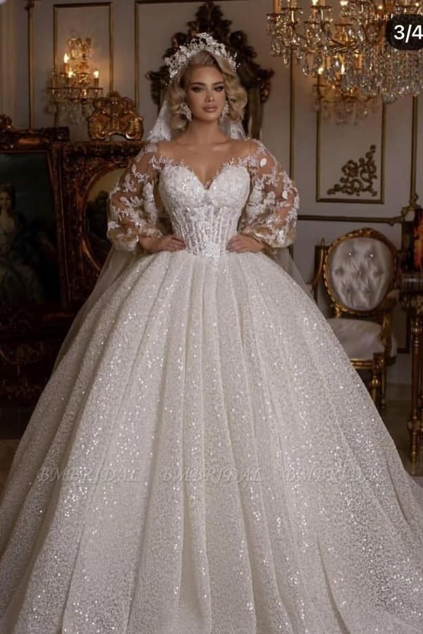 Bmbridal Long Sleeves Lace Ball Gown Wedding Dress Bubble Sleeves