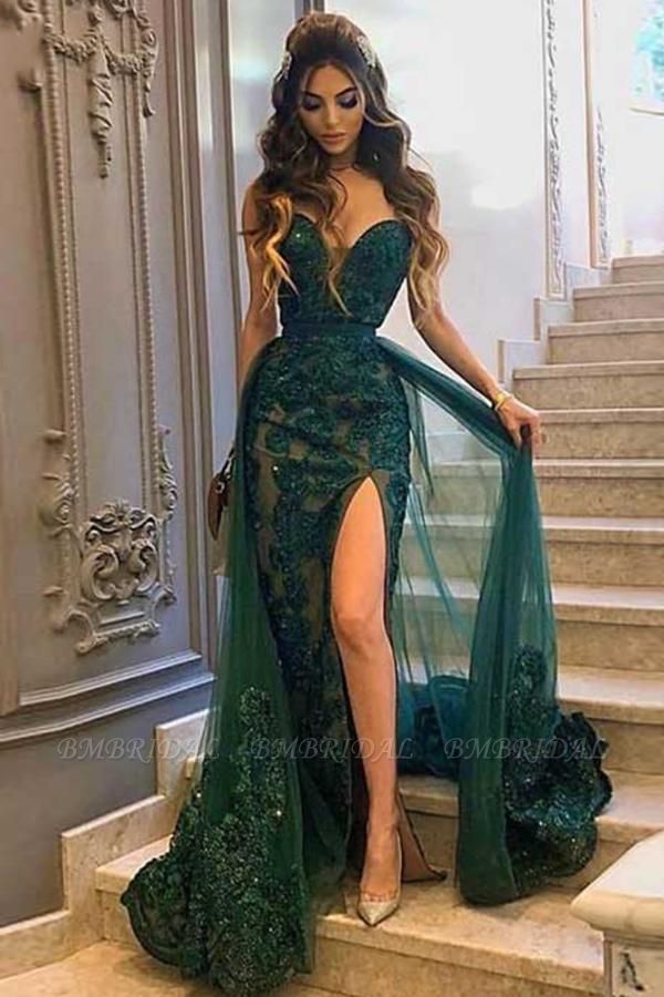 Bmbridal Dark Green Mermaid Prom Dress Tulle Skirt Split With Appliques