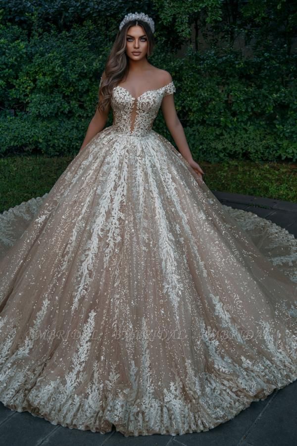 BMbridal Off-the-Shoulder Champagne Wedding Dress Ball Gown With Appliques