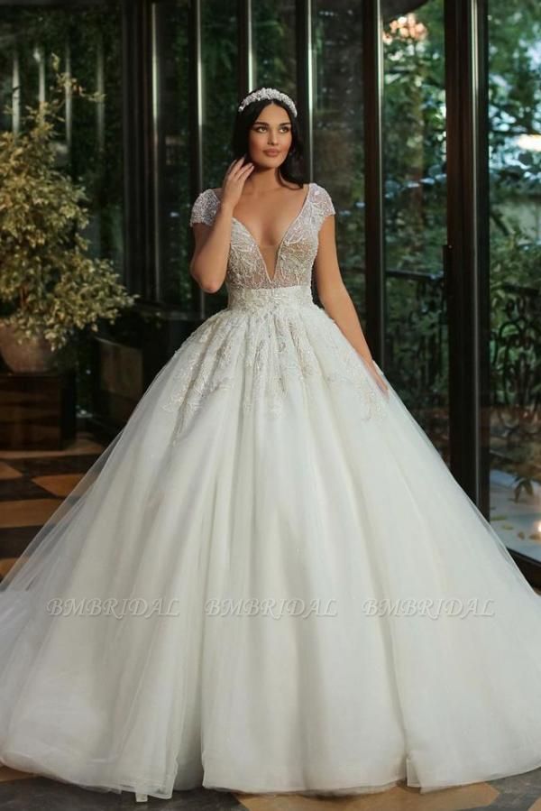 Bmbridal Deep V-Neck Cap Sleeves Wedding Dress Ball Gown With Beads