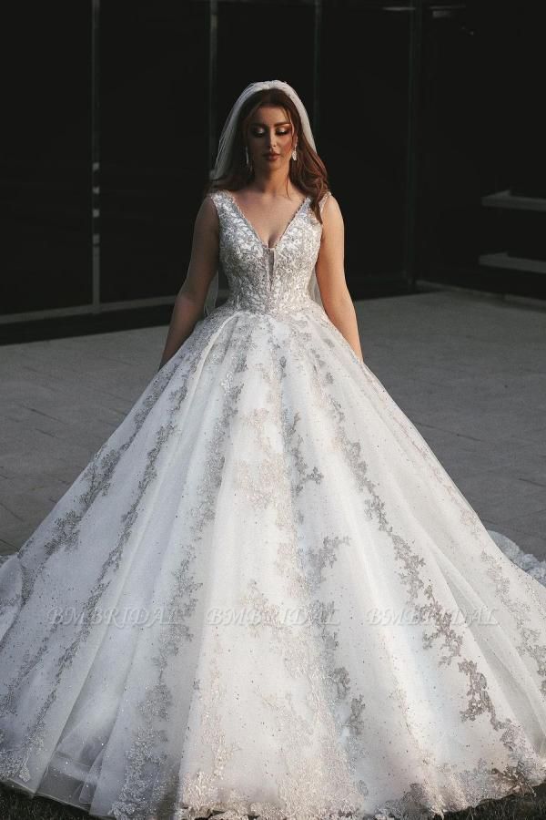 BMbridal V-Neck Sleeveless Ball Gown Wedding Dress With Silver Applqiues