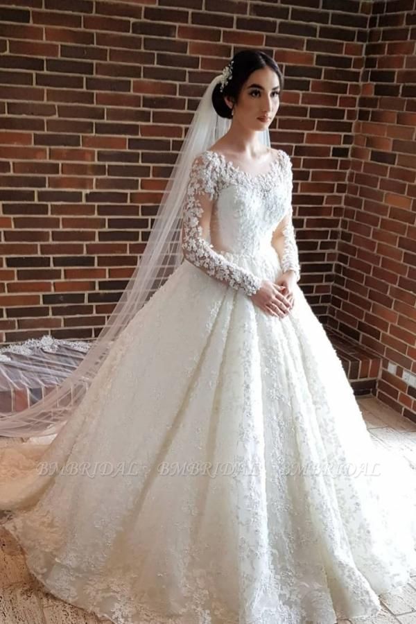 BMbridal Long Sleeves Lace Ball Gown Wedding Dress Off-the-Shoulder