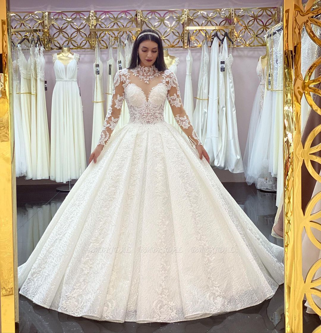 Bmbridal Long Sleeves High Neck Wedding Dress Ball Gown Tulle Online ...