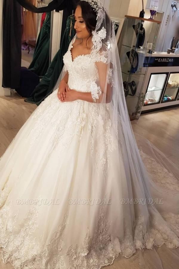 BMbridal Cap Sleeves Lace Wedding Dress Ball Gown V-Neck