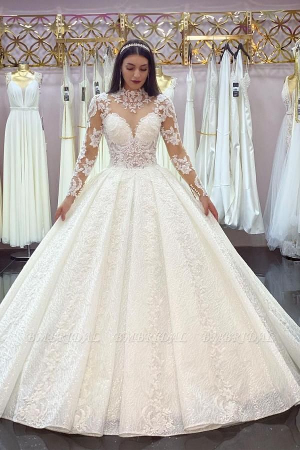 Bmbridal Long Sleeves High Neck Wedding Dress Ball Gown Tulle Online