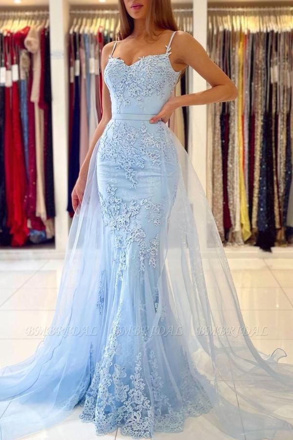 Bmbridal Sky Blue Spaghetti-Straps Prom Dress Mermaid With Lace Appliques