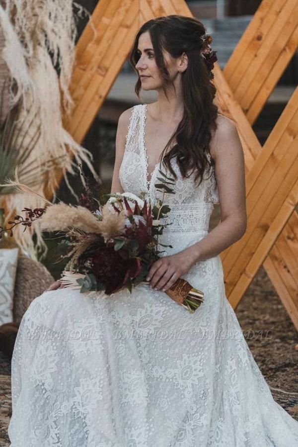 BMbridal V-Neck Sleeveless Lace Wedding Dress Open Back Beach Bridal Wear
