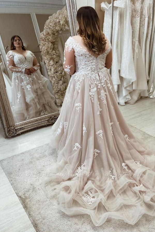 BMbridal Long Sleeves Plus Size Wedding Dress Tulle With Lace