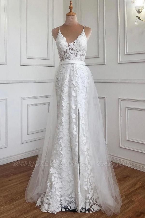 BMbridal Spaghetti-Straps Long Lace Wedding Dress On Sale
