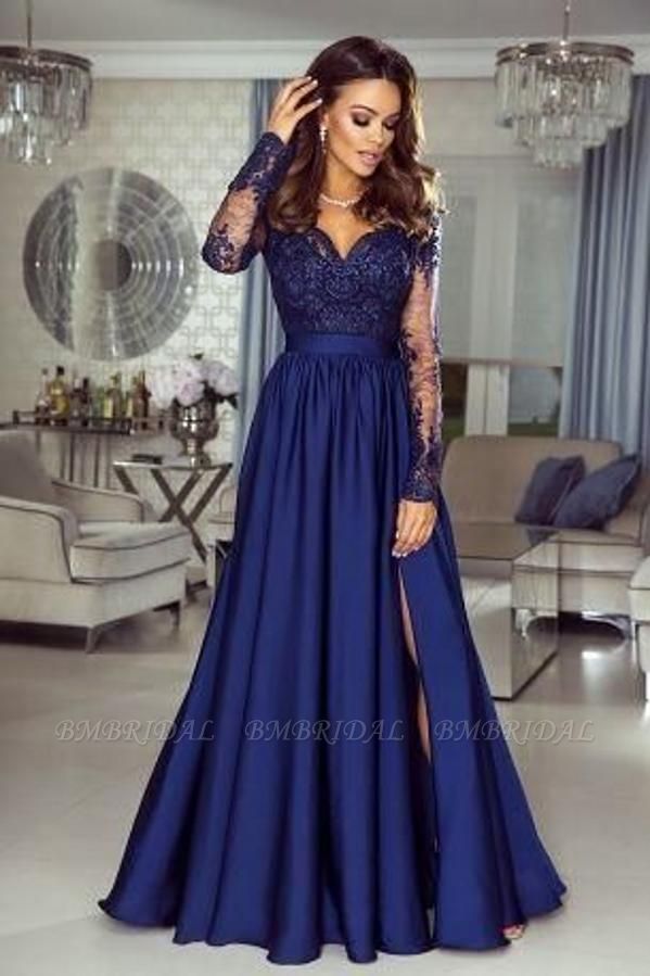 Bmbridal Navy Blue Long Sleeves Prom Dress Split With Appliques