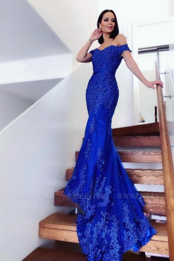 Bmbridal Royal Blue Lace Mermaid Prom Dress Long Off-the-Shoulder