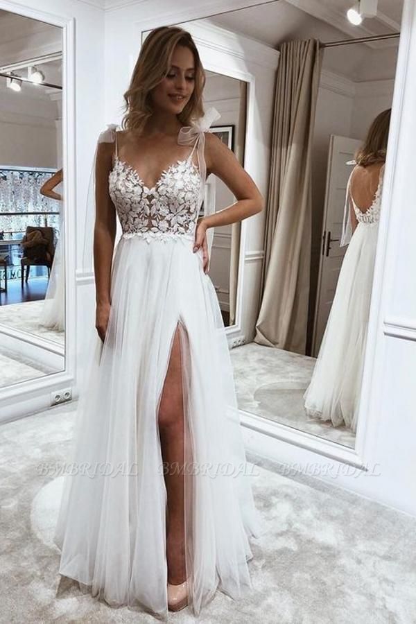 Bmbridal Gorgeous Appliques Tulle Wedding Dress With Slit