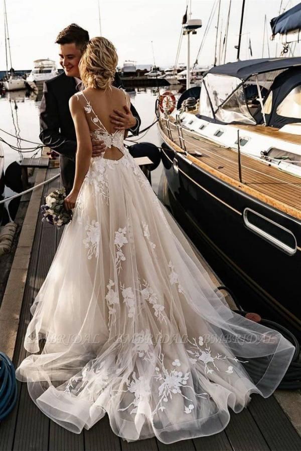Bmbridal Open Back Appliques Wedding Dress Tulle Bridal Gowns