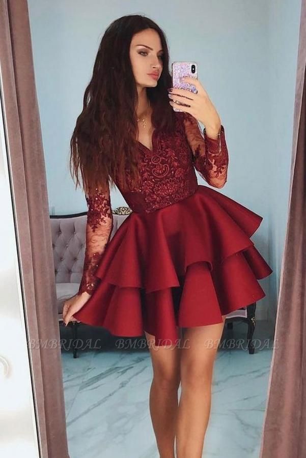 Bmbridal Long Sleeves Burgundy Short Prom Dress With Appliques