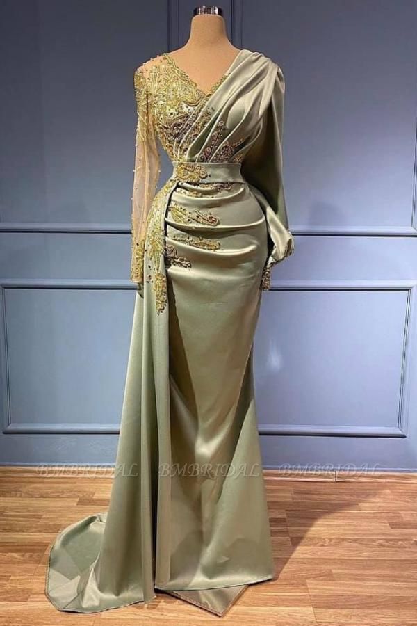 BMbridal Meerjungfrau-Abendkleider mit langen Ärmeln und Perlenapplikationen