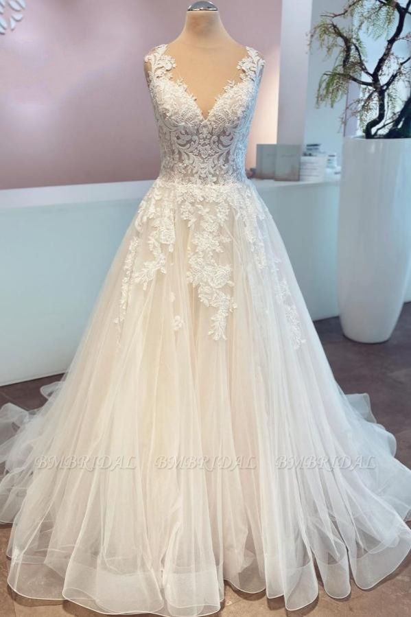 BMbridal A-Line Lace Wedding Dress Sleeveless Long Bridal Gowns