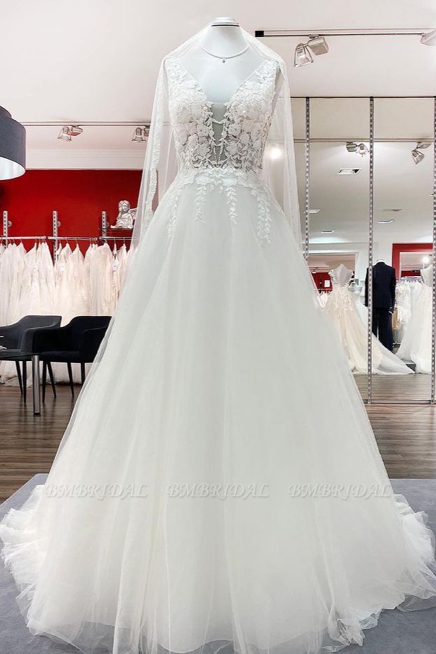 BMbridal Elegant V Neck Tulle Ivory Lace A-Line Wedding Dresses