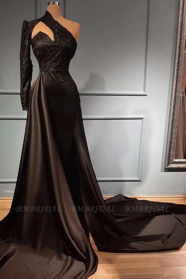 BMbridal Black One Shoulder Lace Prom Dress Mermaid With Long Sleeves
