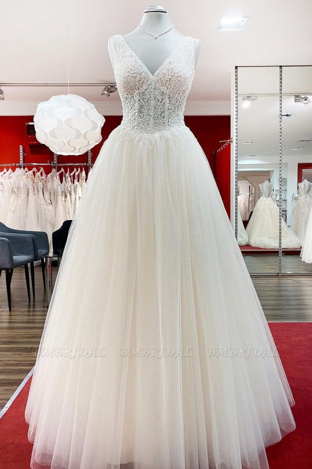 BMbridal Simple Ivory Tulle Lace Ruffles A-Line Wedding Dresses