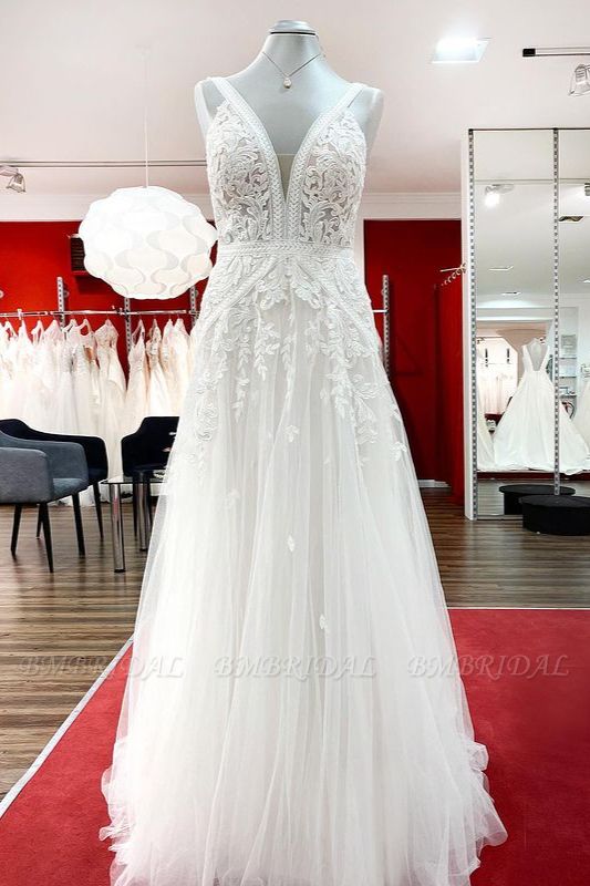 BMbridal Sleeveless Ivory Lace Appliques A-Line Wedding Dresses