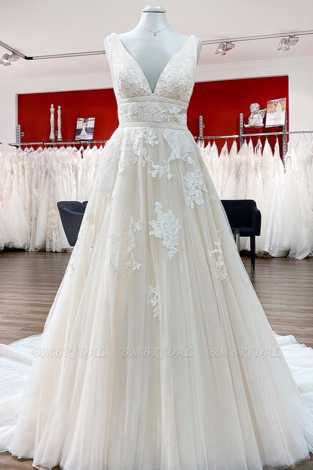BMbridal Tulle V Neck Sleeveless Ivory A-Line Wedding Dresses With Lace Long