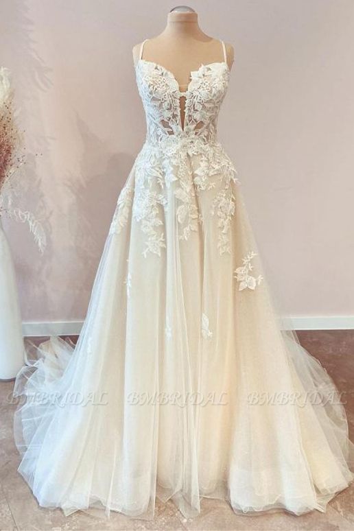 BMbridal Spaghetti-Straps Lace Appliques Lace Wedding Dress Online