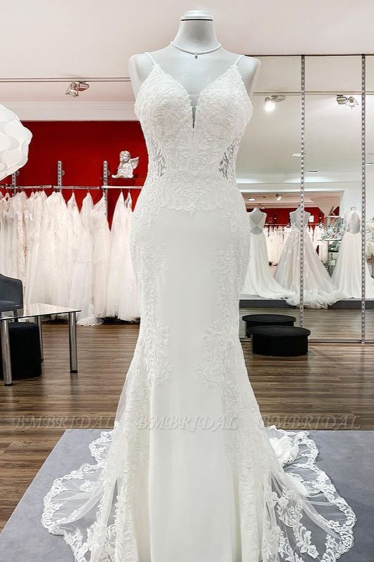 BMbridal Elegant Sleeveless White Lace Satin Mermaid Wedding Dresses