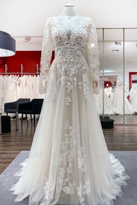 BMbridal  Tulle Ivory Long Sleeves Lace Appliques Wedding Dresses Long