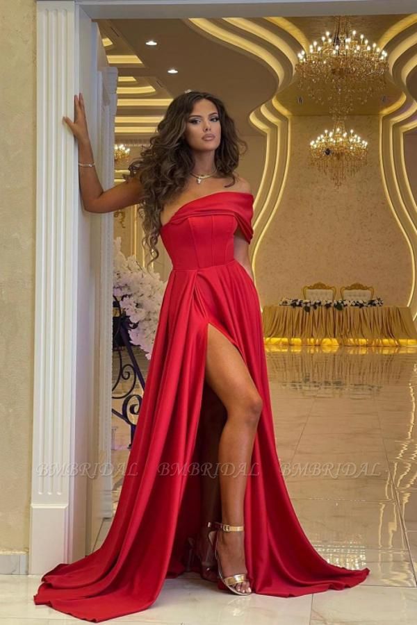 Bmbridal Red Off-the-Shoulder Prom Dress Long With Slit