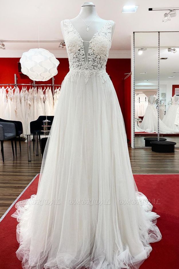 BMbridal Tulle Lace V Neck White Ruffles Wedding Dresses With Lace