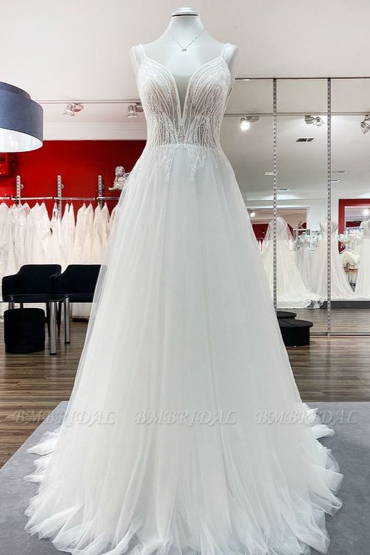 BMbridal Breath-taking Tulle V Neck Sequins Ruffles A-Line Wedding Dresses