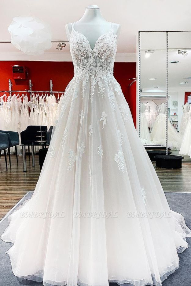 BMbridal Spaghetti Straps Tulle V Neck Ivory Ruffles Wedding Dresses With Lace