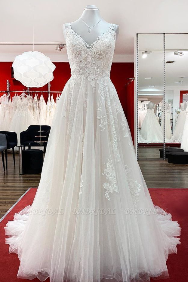 BMbridal Graceful Ivory Tulle V Neck Lace Ruffles A-Line Wedding Dresses