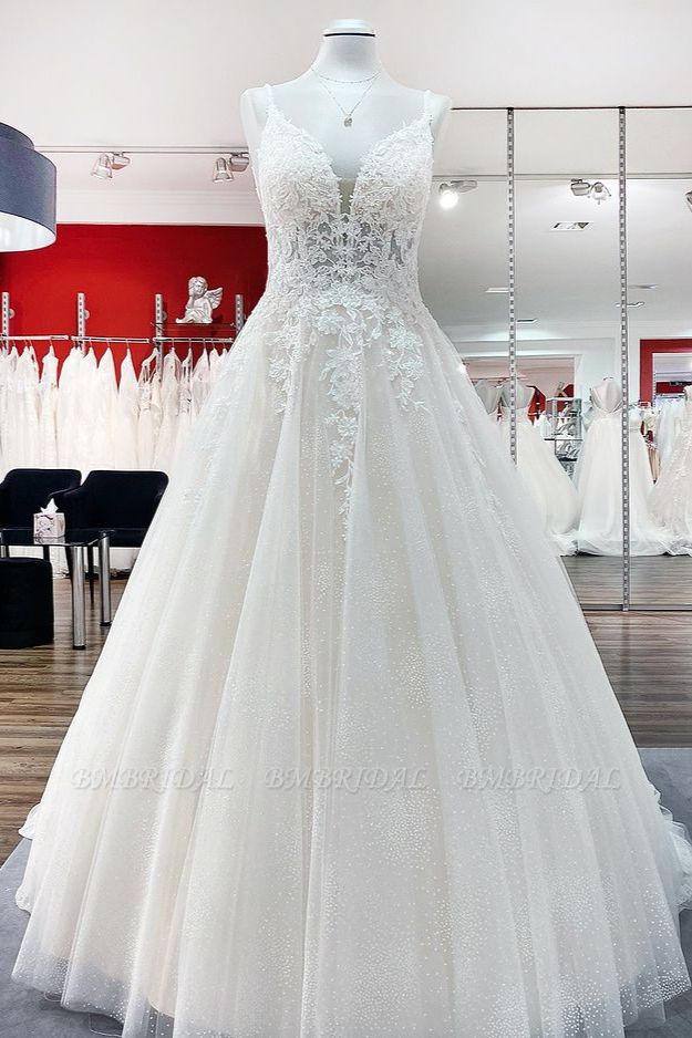 BMbridal Spaghetti Straps Tulle Lace Appliques A-Line Wedding Dresses