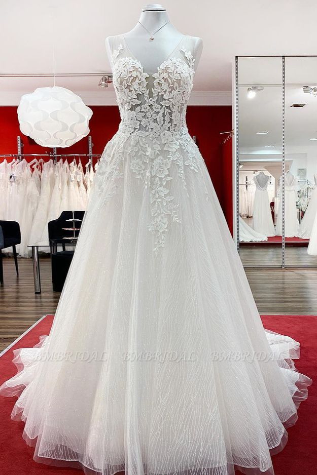 BMbridal Tulle Sleevless Ruffles Jewel  A-Line Wedding Dresses With Lace Appliques