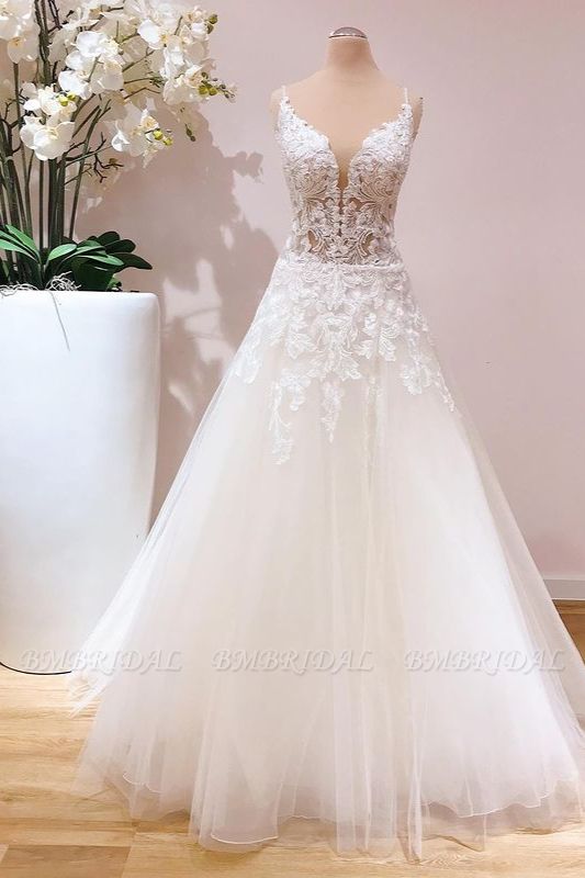Bmbridal A-Line Lace Appliques Wedding Dress Tulle Bridal Gown