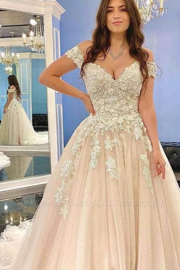 BMbridal Off-the-Shoulder-Prinzessin-Hochzeitskleid Champagner mit Spitzenapplikationen