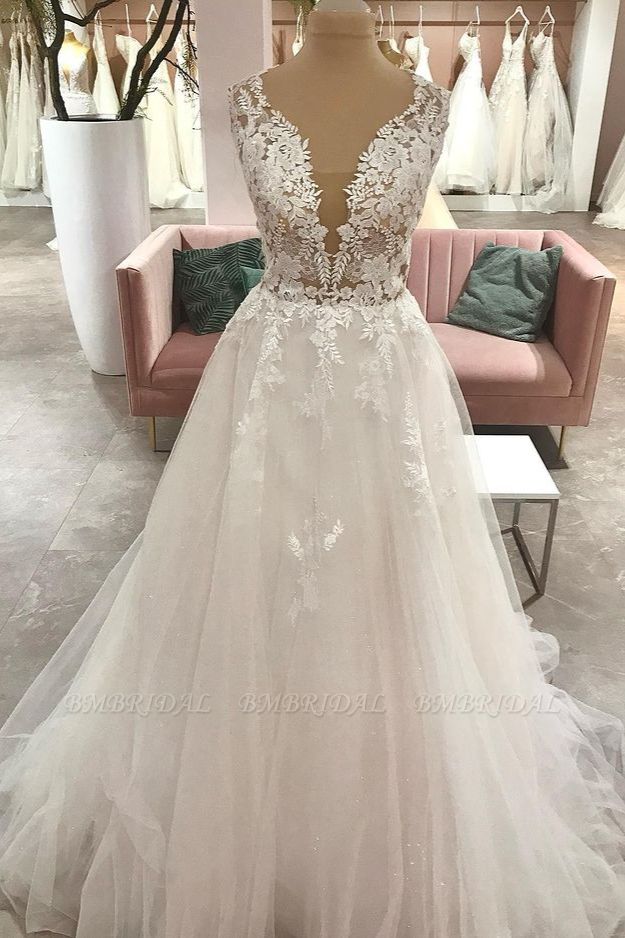 Bmbridal Lace Wedding Dress Tulle Sleeveless Bridal Gowns